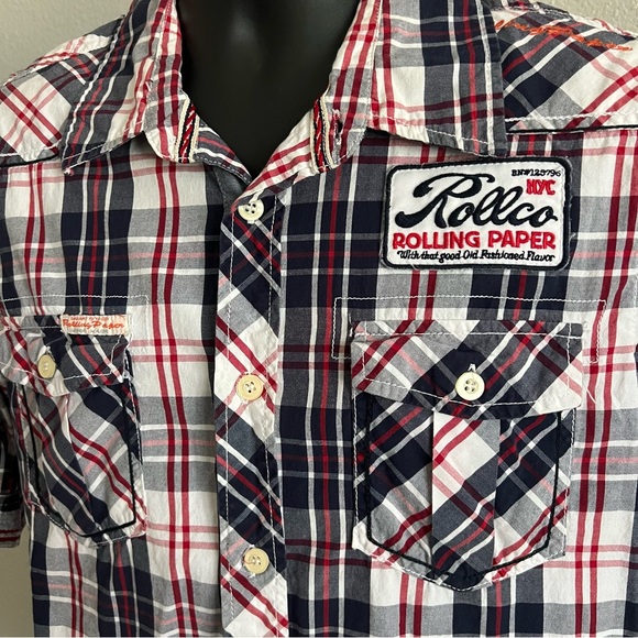 Rolling Paper Brand NYC Rollco Shirt Mens Short Sleeve Sz L Blue Red White Plaid - Picture 2 of 11